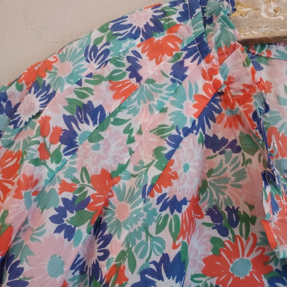 Anthropologie Banjanan Tammy Top Floral Short Puff Sleeve Blouse Large NEW NWT